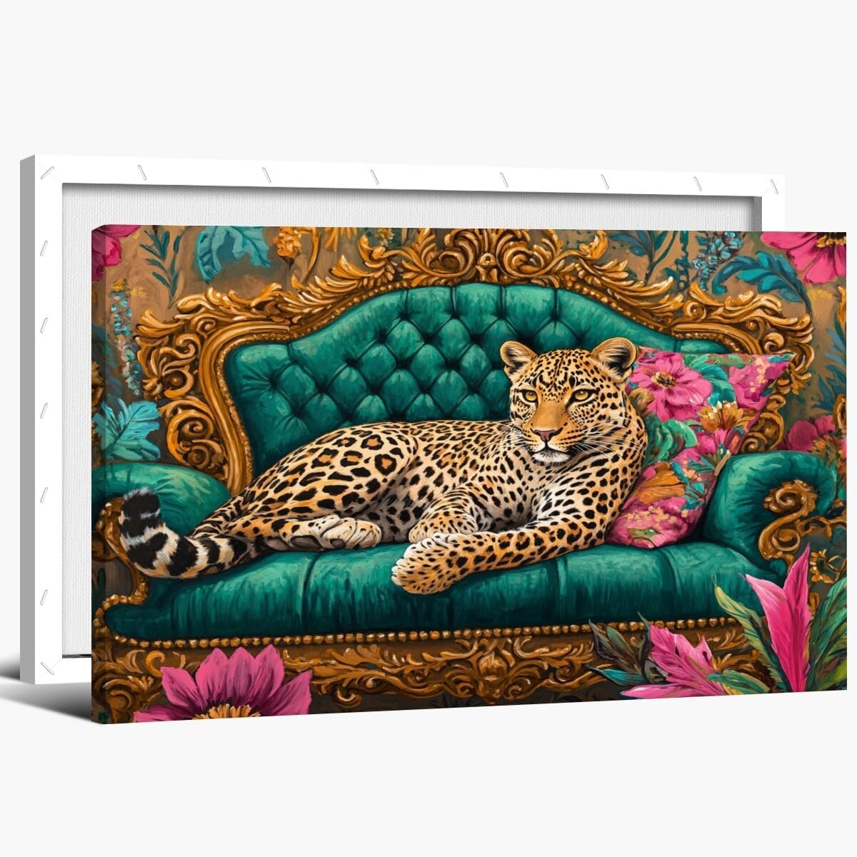 Cheetah Lying On Vintage Sofa Canvas Wall Art Pink Emerald Green Maximalist Leopard Print Pictures Wall Decor Jungle Animal Poster Eclectic Boho Aesthetic Bedroom Bathroom Decor 12x18inch Framed