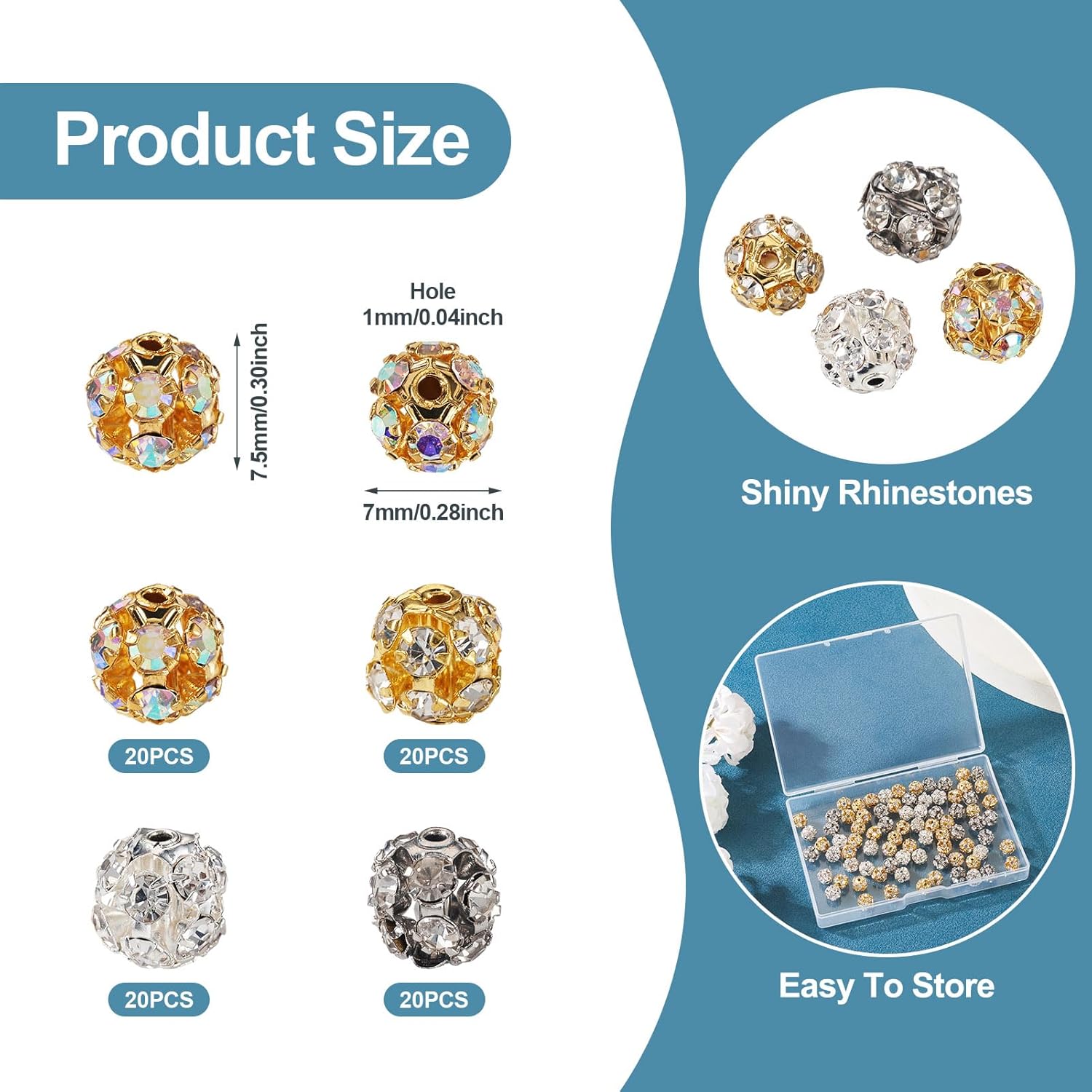 Pandahall 80Pcs Brass Rhinestone Beads Crystal Polymer Clay Disco Diamond Round Beads 7mm Bulk Loose Spacer Ball Bead for Pen Bracelet Earring Jewelry Making - Image 5