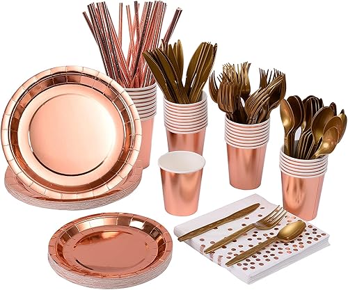 YAOSHENG Suministros de fiesta de oro rosa 201  Platos de papel y servilletas de oro rosa sirve 25 juegos para bodas, despedidas de soltera, fiestas