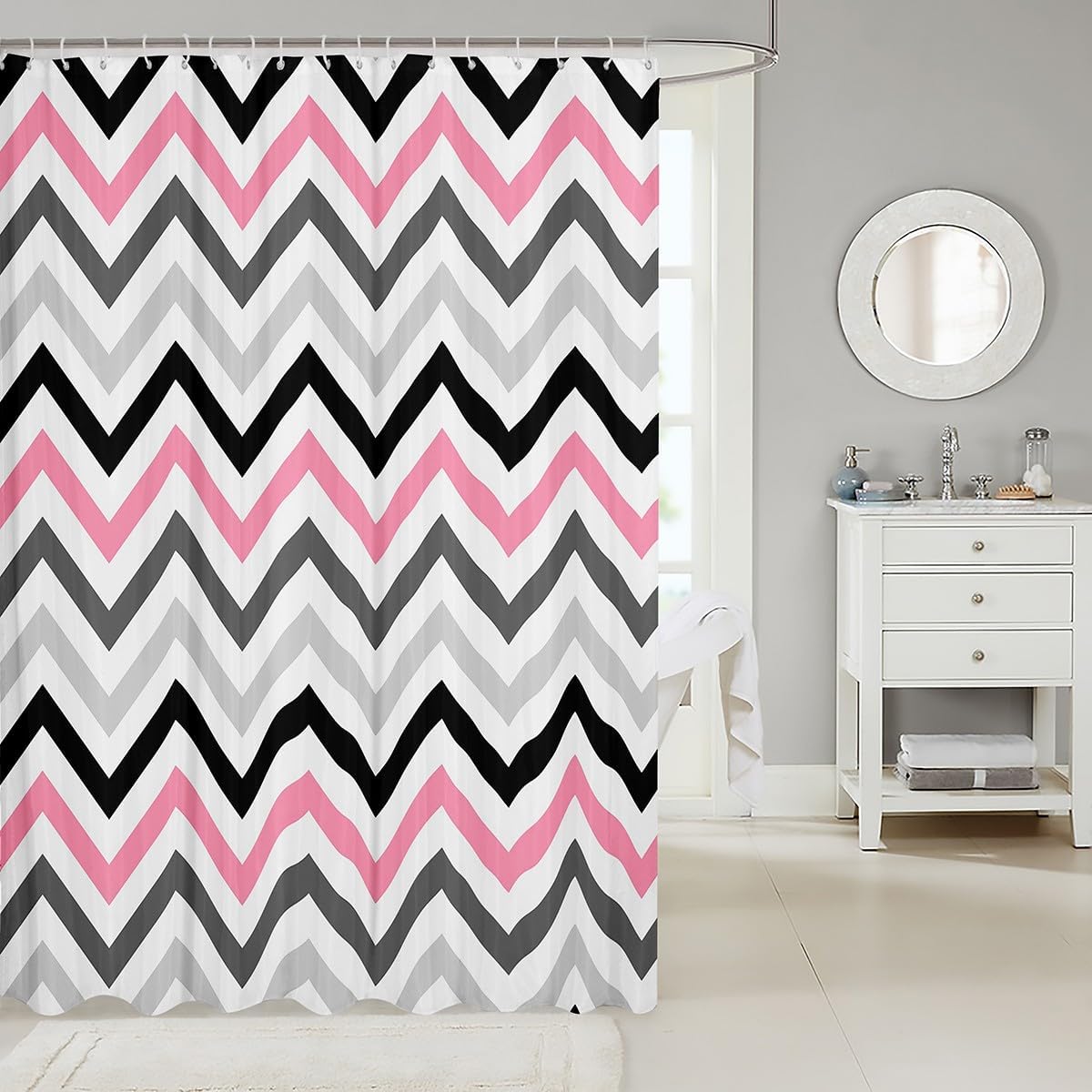 jejeloiu Wave Stripe Shower Curtain Boys Girls Women Men Pink White Black Gray Bathroom Shower Curtain Set Abstract Geometric Bathroom Curtain Modern Simple Decor Bathroom Accessories 72"x72"