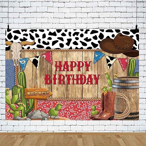 Miniatura 5 de AIBIIN Telón de fondo de cumpleaños de vaquero occidental de 8 x 6 pies estampado de vaca salvaje oeste fondo de fotografía de madera rústica