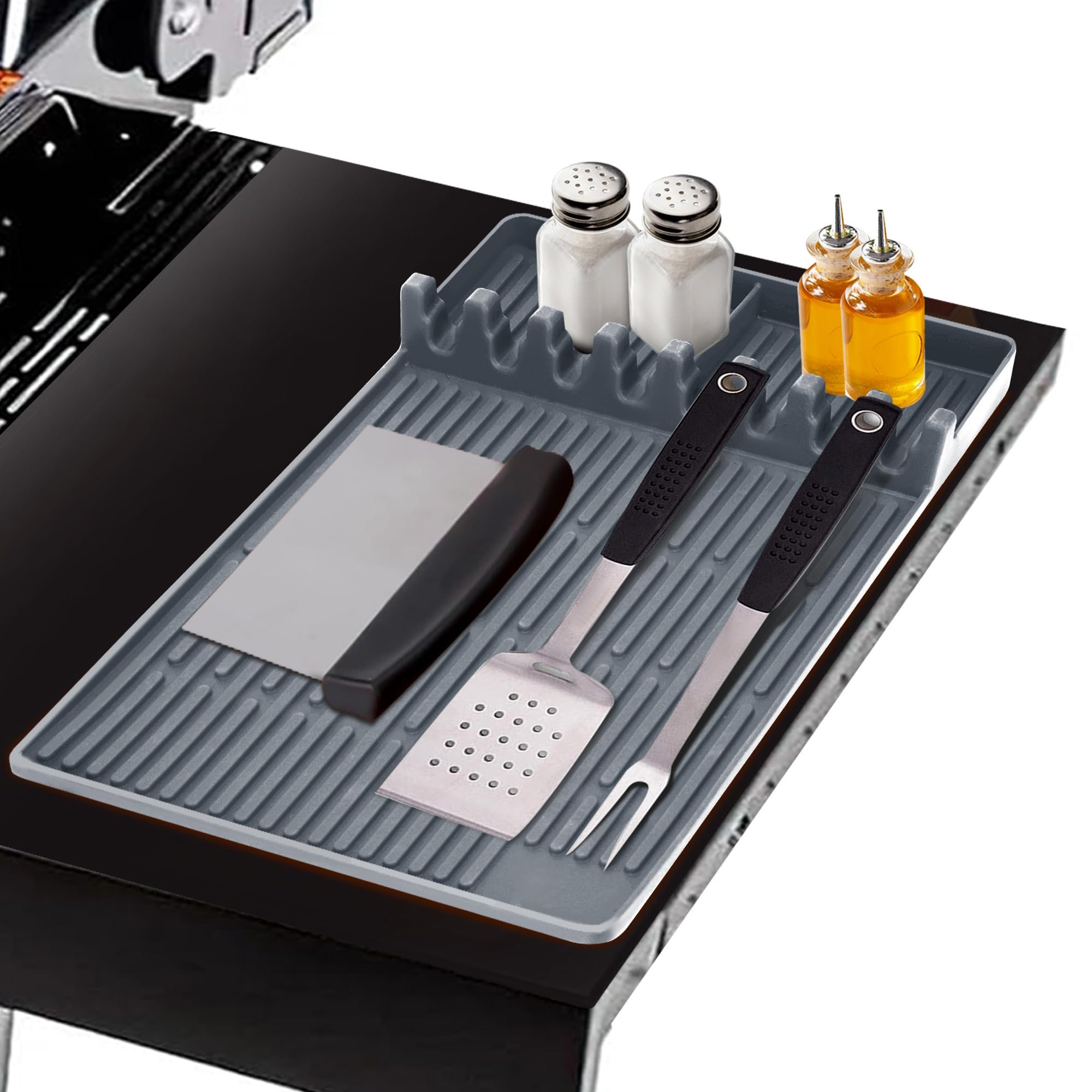 Tappetino per Utensili per Piastra in Silicone per Blackstone, Resistente alle Alte Temperature, Struttura Antiscivolo, Facile Pulizia Ideale per BBQ e Sessioni di Grigliate (grigio sottile)