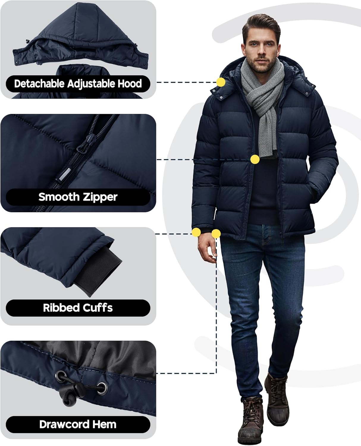 Outdoor Ventures Men's Lightweight Puffer Jacket Detachable Hood Insulated Winter Coat Water Resistant Warm Puffy Windbreaker - Image 2