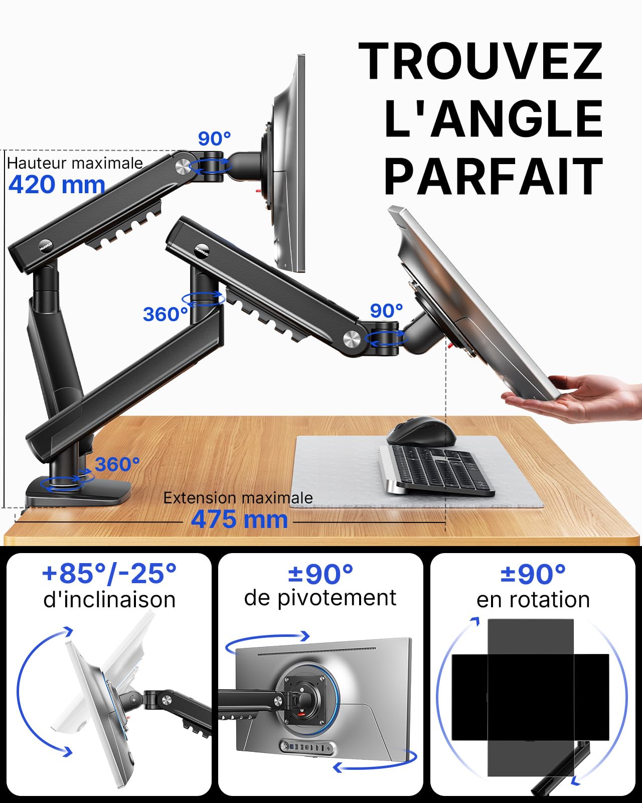 HUANUO Support Double écran PC, pour 2 écrans 13–32" (Max. 9 kg), FlowLift Pro Bras écran, MechaSpring(Inclinaison/Pivotement/Rotation), Montage VESA sans Outil, Montage par Pince en C ou par œillet