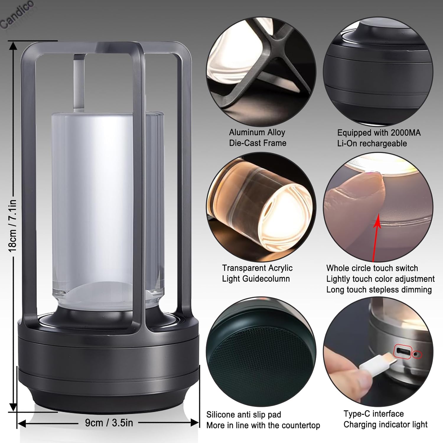Cordless Table lamp Rechargeable Portable Metal Touch Small Desk Lamp,Indoor/Outdoor Battery Operated LED Night Light,3Color Stepless Dimming Crystal Lantern Suitable bedrooms,Bars,cafes,Camping,Black