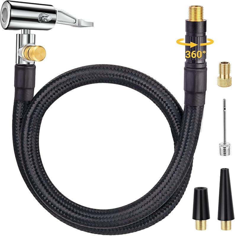 Upgraded Tire Inflator Hose Adapter w/360° Rotating End, 21'' Tire Inflation Hose w/Self-Locking Air Chuck for Quick Connect & Release, Presta Valve & Ball Needle for Tire Pump Portable Air Compressor
