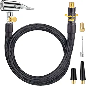 Upgraded Tire Inflator Hose Adapter with 360° Rotating End, 21'' Tire Inflation Hose with Self-Locking Air Chuck for Quick Connect & Release, Presta Valve & Ball Needle