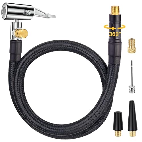 Upgraded Tire Inflator Hose Adapter w/360° Rotating End, 21'' Tire Inflation Hose w/Self-Locking Air Chuck for Quick Connect & Release, Presta Valve & Ball Needle for Tire Pump Portable Air Compressor