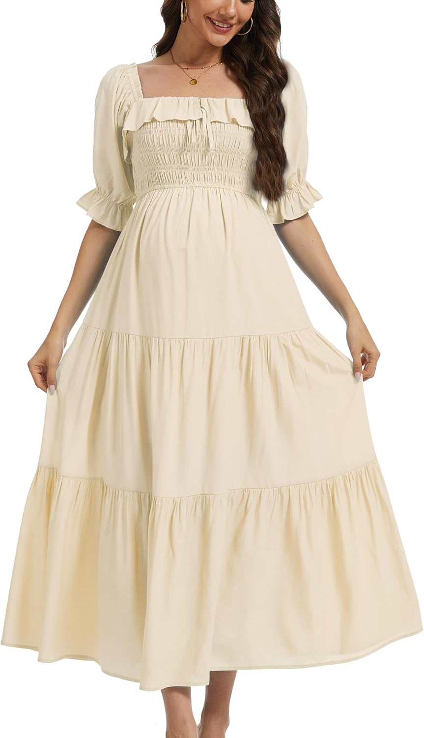 Half Sleeve Maternity Maxi Dress, Off-Shoulder Ruffled Elegant Flowy Baby Shower Photoshoot Dresses