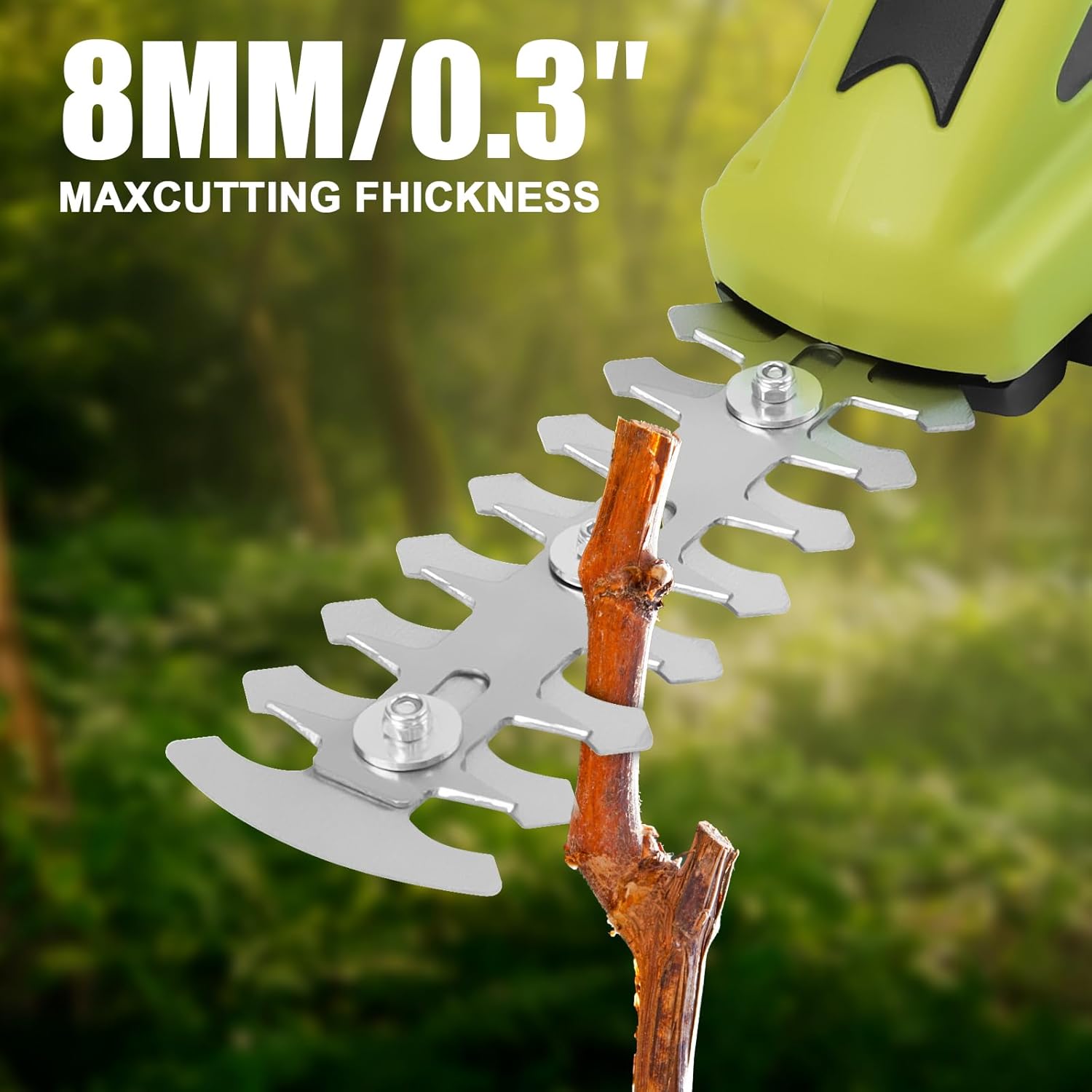 Close-up of DEWINNER hedge trimmer blade cutting a small branch