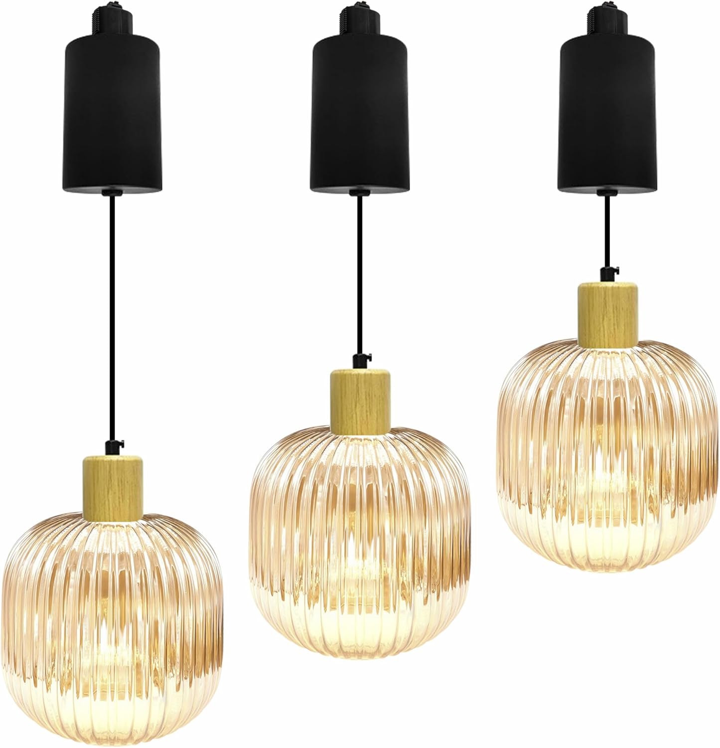 Adjustable Height Halo Track Lighting Pendants, 6.5 ft Cord, H-Type Dimmable Vintage Natural Wood E26 Socket Chandeliers Mid-Century Ribbed Glass Globe for Kitchen Island Vaulted Ceiling