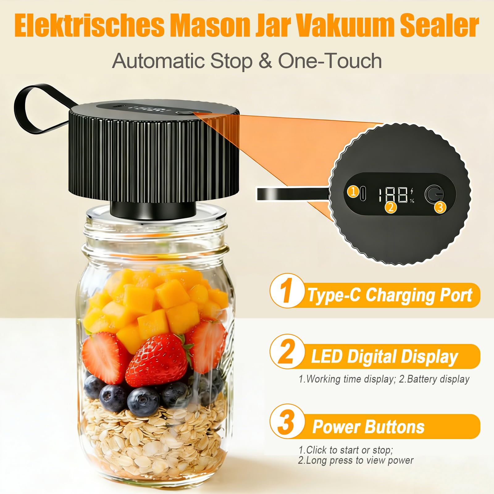 Vakuumierer für Gläser, 3-in-1 Vacuum Sealer für Einmachgläser mit Automatik-Stopp, Vakuumiergerät mit 2 Vakuumierbeuteln, 20 Deckeln und Dosenöffner, Wiederaufladbar, Schwarz