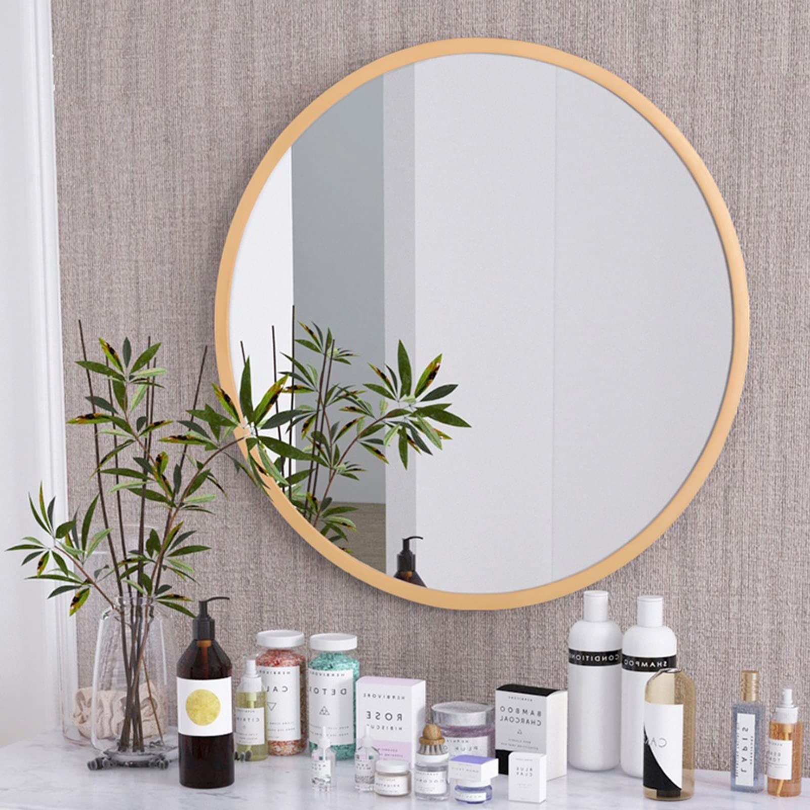 Marco de madera natural, espejo de baño, espejo de pared redondo, for la entrada del baño del dormitorio, espejo de maquillaje, espejo de belleza, espejo a prueba de explosiones de alta definición ( C