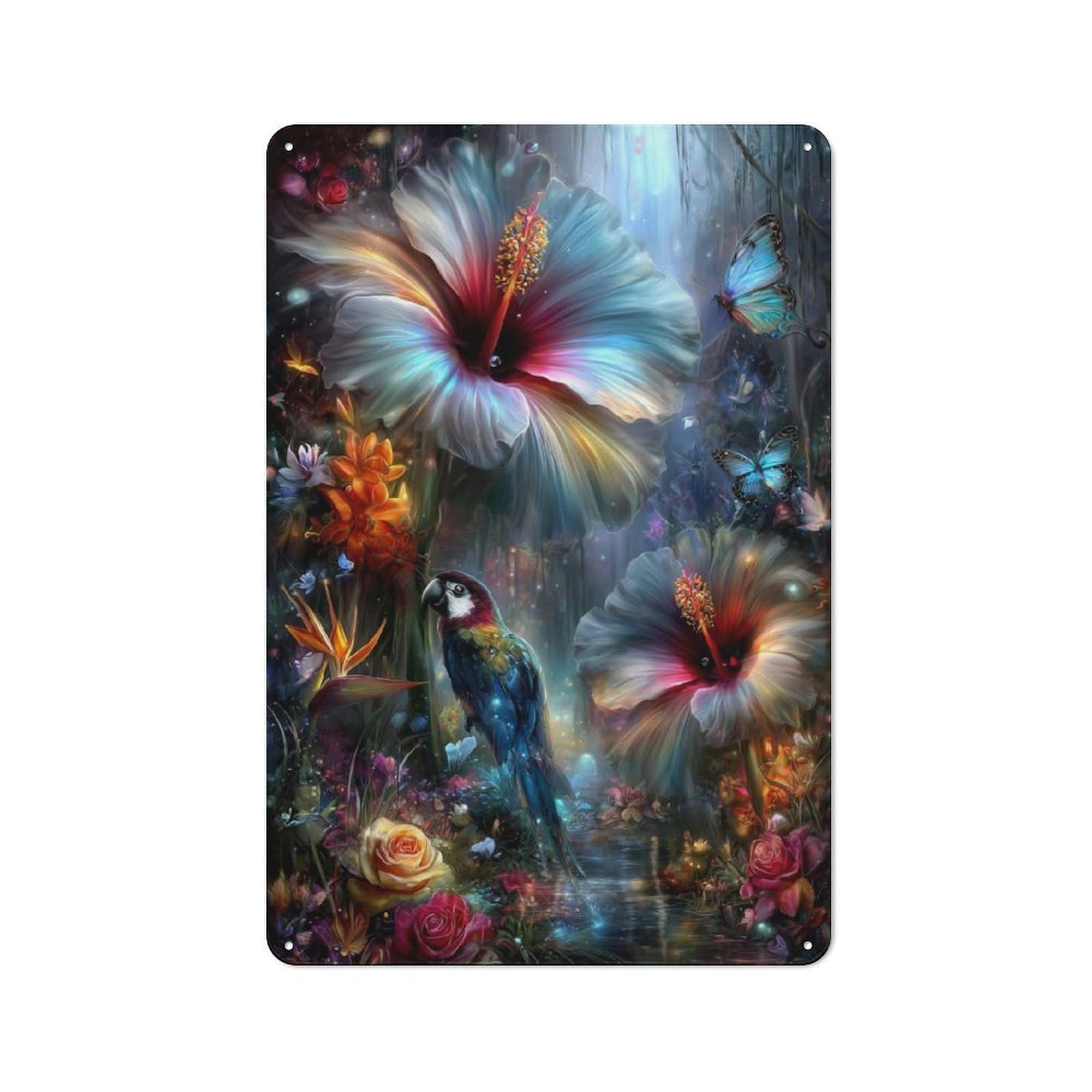 Junmoney Parrot & Hibiscus Fantasy Decorative Tin Plaque With Design 30X20cm, Classic Novelty Wall Art For Flat, Dorm Room, Lounge Or Cafe