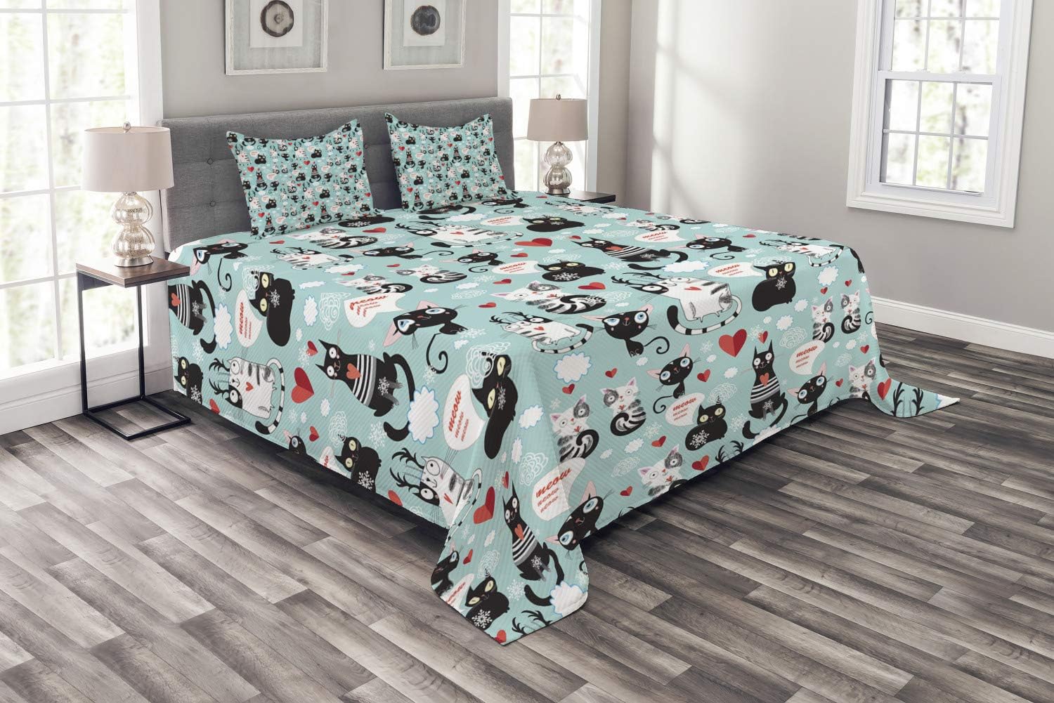 Ambesonne Cat Lover Bedspread, Black and White Cats in Love Meow Print Among Hearts Daydreaming Kitties Cat Ears, Decorative Quilted 3 Piece Coverlet Set with 2 Pillow Shams, King Size, Pale Blue