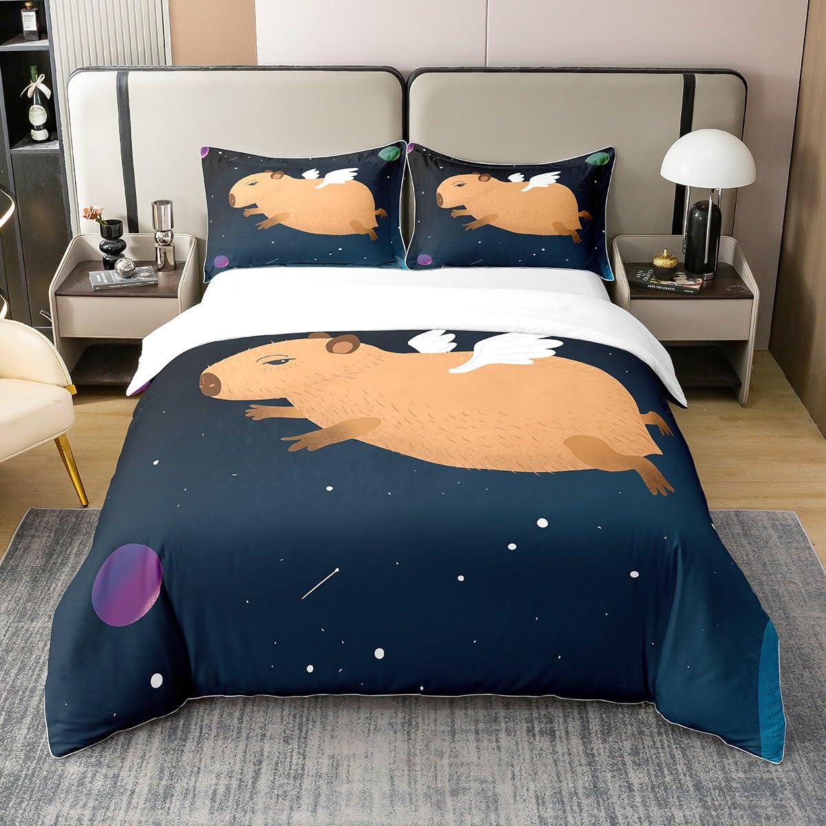 Homewish Lustige Capybara Baumwoll Bettbezug Set 135x200 Kawaii Flying | Capybara Bettwäsche Cartoon Nagetier Tröster Abdeckung Outer Raum Thema Bettwäsche 1 Kissenbezug Reißverschluss Schlafzimmer
