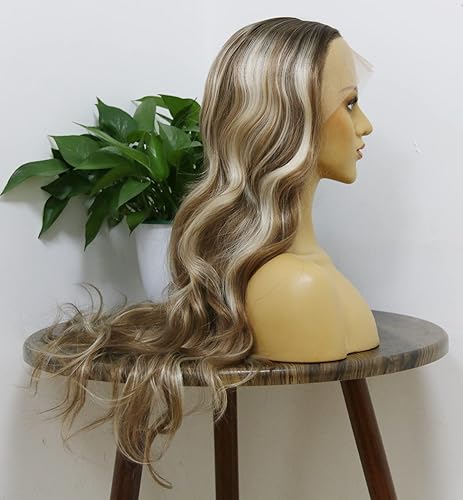 Miniatura 2 de mszyhuwan Pelucas sintéticas onduladas con reflejos rubios platinados color marrón degradado para mujer peluca de encaje frontal HD fibras