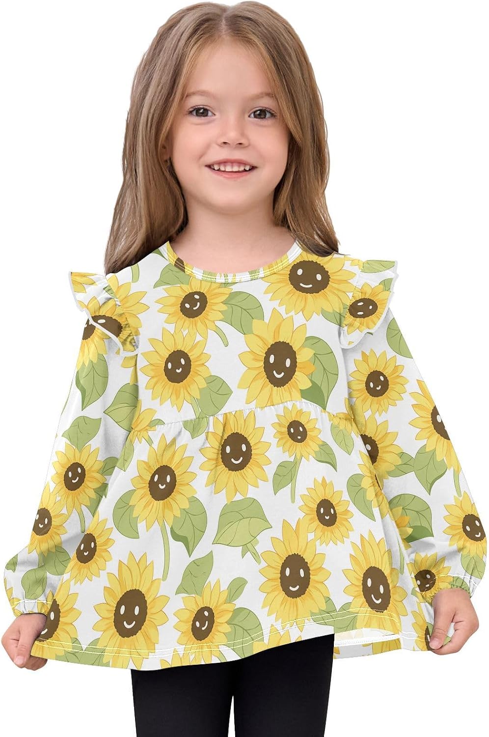 visesunny Toddler Clothes for Girls Dancing Sunflower Leaf Long Sleeve Fall Shirts Cotton Top with Ruffle Collar
