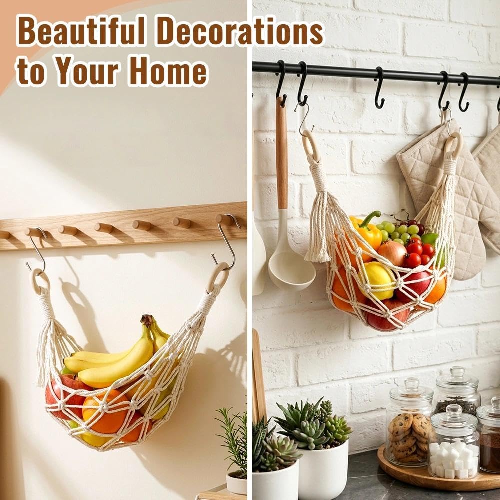 2 Pcs Hanging Fruit Hammock with 3-Styles Hooks, for Kitchen Under Cabinet