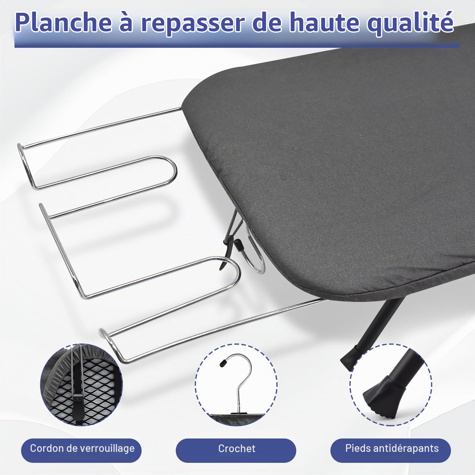 Table à Repasser avec Porte-Fer, Planche Repasser Pliable avec Housse Coton, Maille Métallique, Pieds Antidérapants, pour Fer Vapeur Domicile Voyage, Gris Foncé