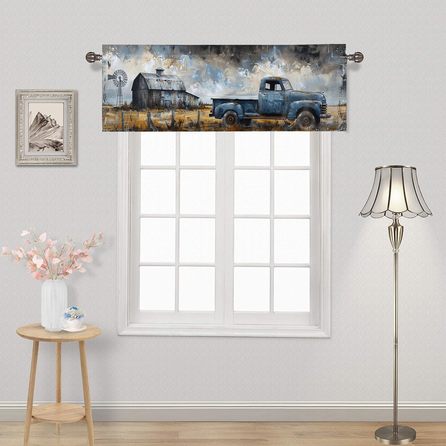 Old Truck Valances Curtains Rustic Wooden Barn Windmill Vintage Blue Car Farmhouse Country Scenery Rod Pocket Window Valance for Kitchen Living Room Bathroom Home Decoration 54 x 18 Inch, 2 Panel