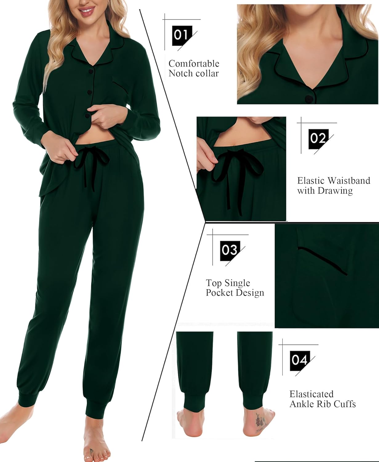 SWOMOG Womens Pajamas Set Long Sleeve Sleepwear Button Down Nightwear Soft Joggers PJs Sets with Pockets Lounge Sets - Image 4