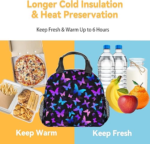 Miniatura 6 de Lonchera de mariposa para niñas y mujeres, bolsas de almuerzo reutilizables aisladas con asa - Pequeña lonchera morada linda para niños - Ideal para