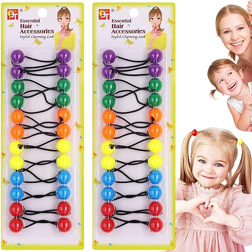Vista 18 de Beauty Town 24 ligas para el cabello con cuentas de burbujas, soportes para cola de caballo de 0.630 in para niñas y niños, elásticos coloridos
