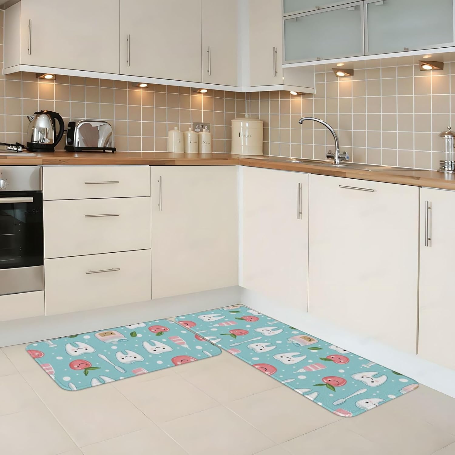 Cute Toothbrush Teeth Print Kitchen Rugs Sets of 2 Non Slip Washable, Anti Fatigue Kitchen Mats for Floor, Home Decor