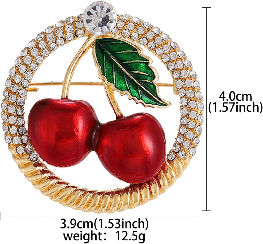 coadipress Cherry Brooch Pin for Women Rhinestone Crystal Red Cherry Fruit Green Leaf Brooches Lapel Pins Cute Dainty Dress Accessories Jewelry for Hat Bag Suit Tie - Image 6
