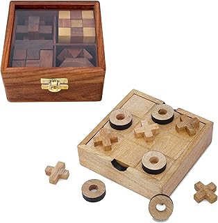 Ajuny Tic Tac Toe & 3D Wooden Puzzle Box Set – Classic XO Board with Decorative Storage (5.5 Inch) + 4 Brain Teaser Interlocking Puzzles in 5 x 5 Inch Wooden Box, Coffee Table & Travel Gift