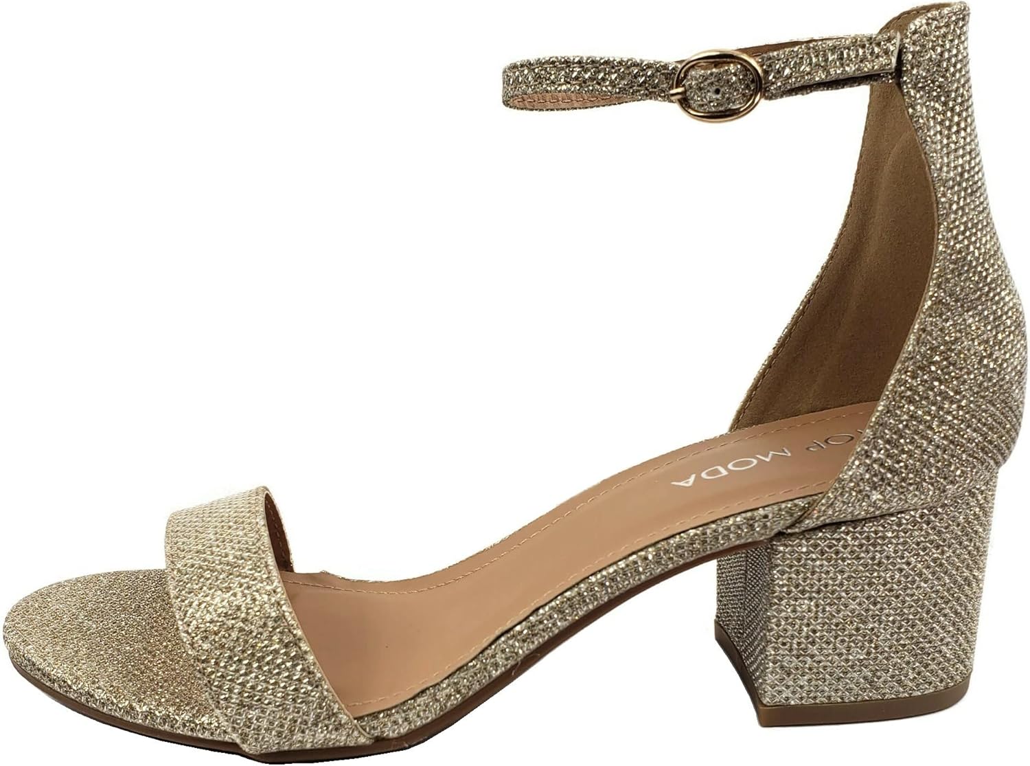 Over the Toe Strap Ankle Wrap Strap Heel Open Toe Block Heel 2" Low, Champagne, 6.5 - Image 2
