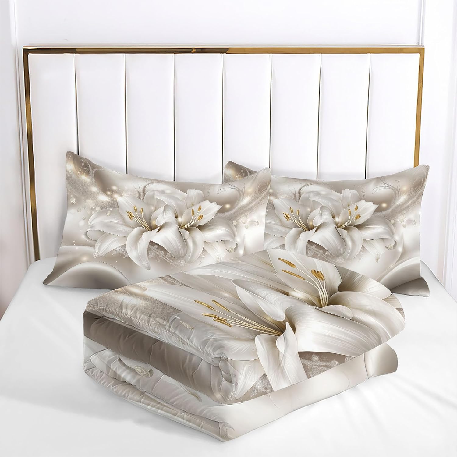 3D Luxury Quilt Set King 3 Pieces, Ivory White Quilts Bedding Set Lily Pearl Bedspread Bed Cover Lightweight Spring Summer Beds Coverlet for All Season - 104"X90"