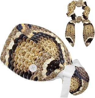 FVQL 2 Pieces Surgical Cap for Long Hair Scrub Cap with Hairband Nurse Cap, Snake Animal Skin Print Abstract
