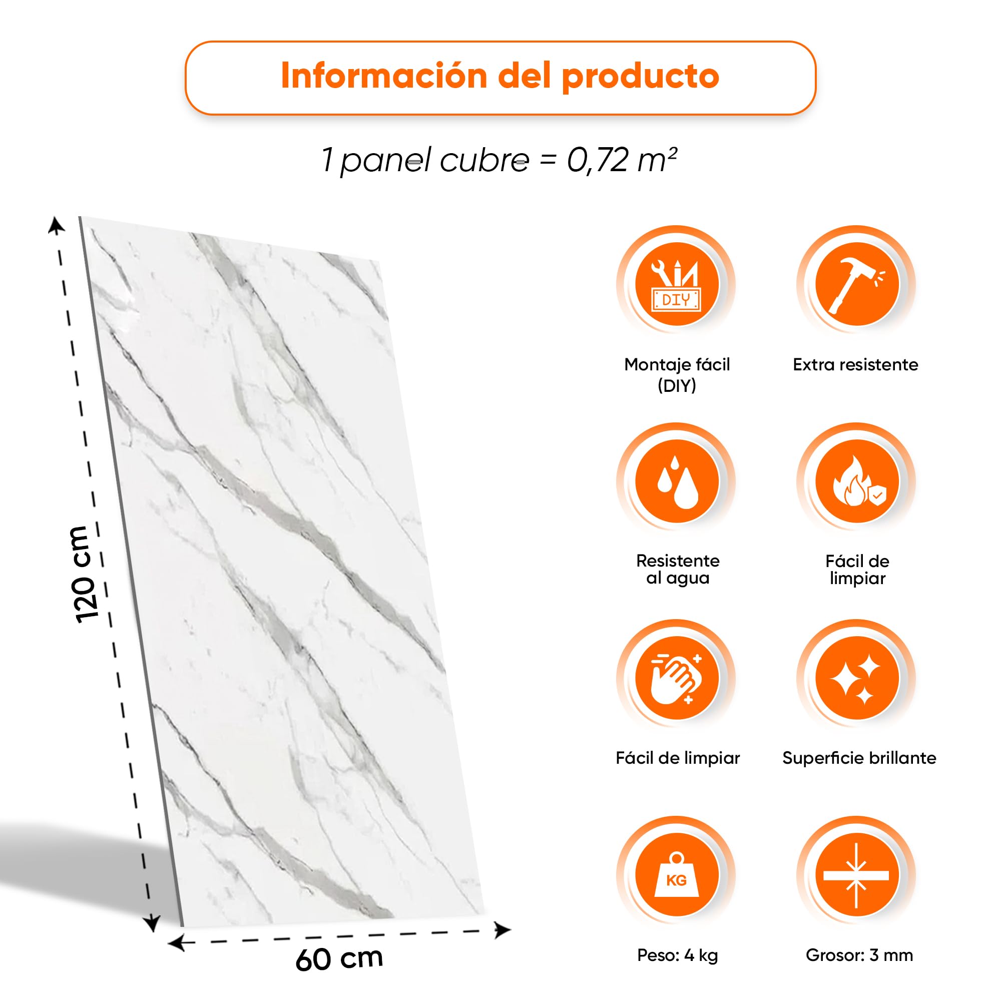 IZODEKOR Revestimiento de pared aspecto mármol, 4 unidades, 120 x 60 cm, alternativa azulejos baño o cocina, paneles pared cocina, baño, con 4 adhesivos | Ice Berg Grey New