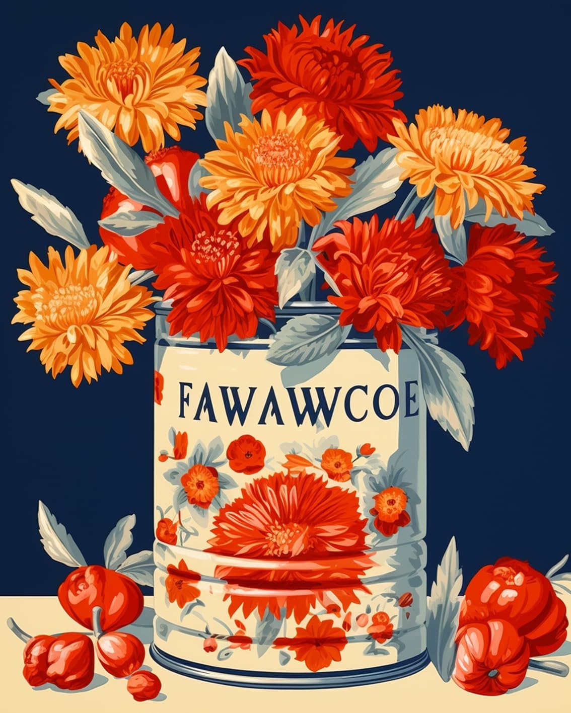 Retor Orange Flowers in a Tin DIY Paint by Numbers for Adults Orange Floral DIY Oil Painting Acrylic Paint Art Painting Kit Canvas with Acrylic Paints Vintage Flowers Art 16x20 Inch（DIY Frame ）