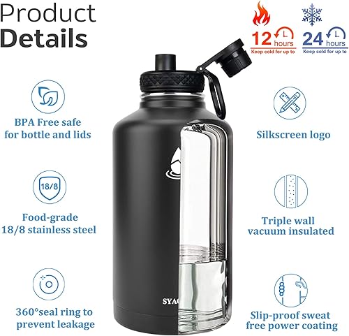 Miniatura 6 de Jarra de agua aislada de medio galón, botella de agua de acero inoxidable aislada, tapa con popote y tapa para beber, botella de agua grande de