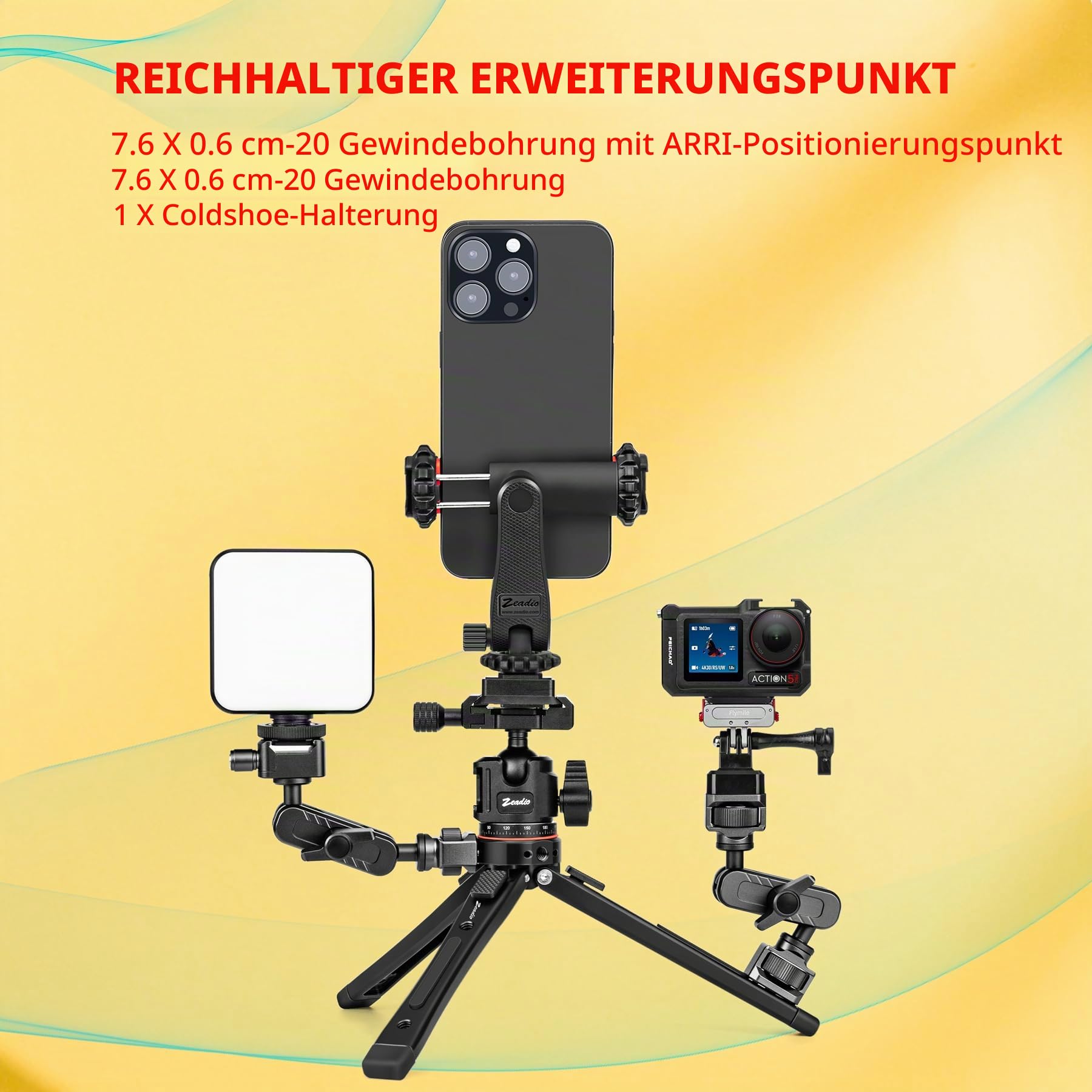 Zeadio 3-in-1 Schweres Metallstativ mit Arca-Kugelkopf, Halterung für Handy & Actionkamera-Adapter – Universelles Vlogging-Tripod-Set für Smartphone, Kamera, Gimbal, Actionkamera, Reise-Vlogging usw