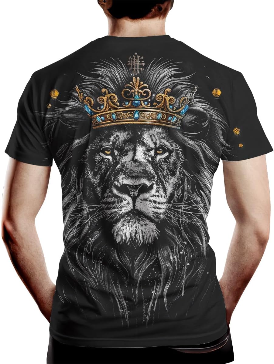 Men's Casual Lion with Crown Print T-Shirt Fashion Graphic Tee Shirts Short Sleeve - Image 2