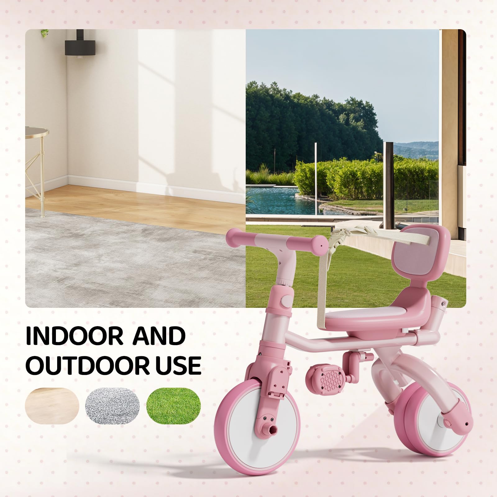 Bonnlo Dreirad mit Schubstange, 5 in 1 Laufrad Dreirad für Kinder, Kinderfahrrad ab 1 Jahr bis 25kg, Baby-Dreirad Rosa