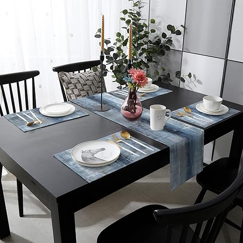 Miniatura 3 de Juego de 6 manteles individuales color azul marino y gris con caminos de mesa de 90 pulgadas de largo, antideslizantes, lavables, juego de manteles