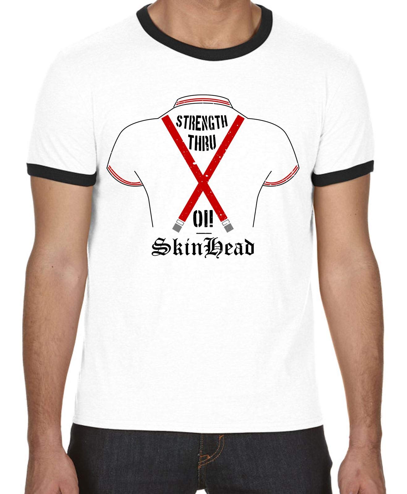Tribal T-Shirts Skinhead Braces Strength Through Oi Mens Contrast Ringer T Shirt (XXL, White)