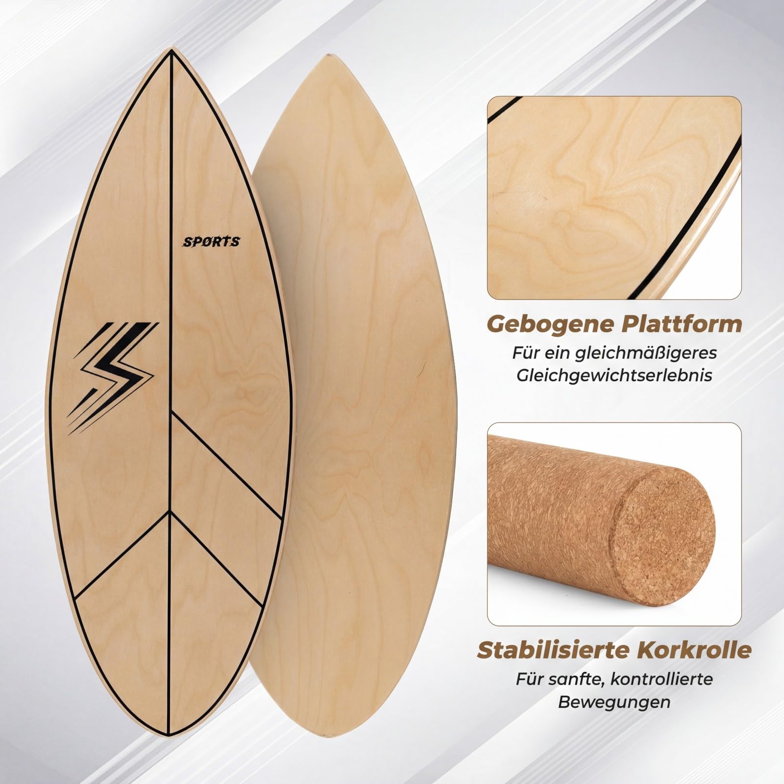 COSTWAY Balance Board mit Korkrolle, 77 cm Wackelbrett in Blattform, Gleichgewichtstrainer aus FSC-zerfizierter Birkenholz, Surfboard indoor 100 kg Belastbar, Balancierbrett für Kinder & Erwachsene