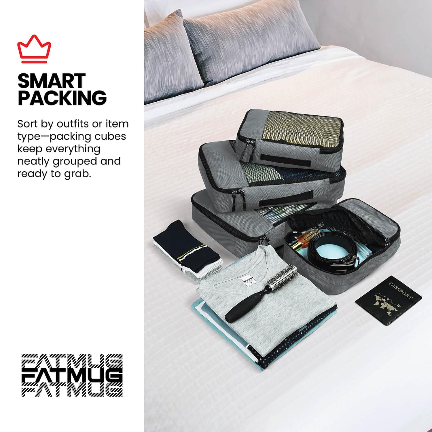 FATMUG Packing Cubes Travel Pouch / Bag Suitcase Organiser Set of 4 ( 2 Medium and 2 Small) - Grey Polyester 3