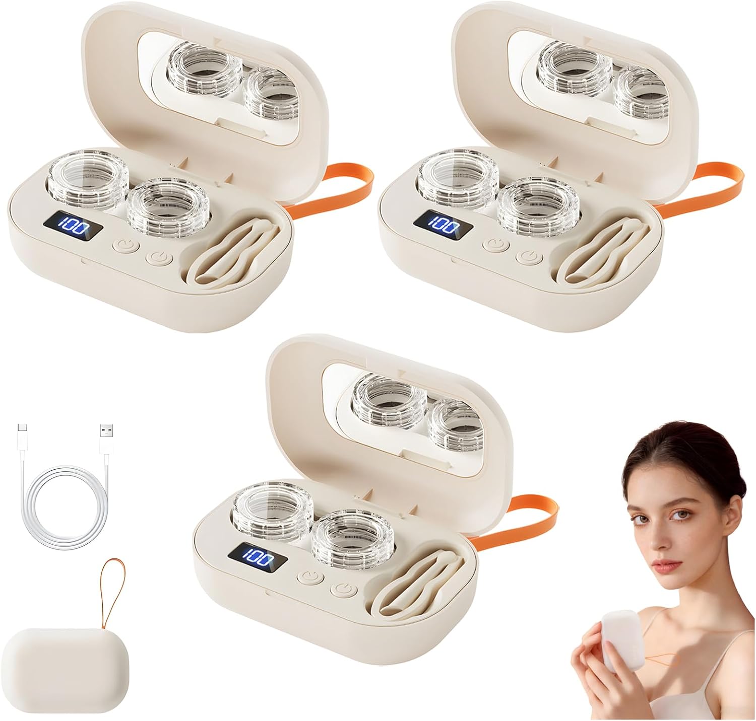 Rechargeable Ultrasonic Contact Lens Cleaner, Gentle Cleaning & 99% Brightness, Portable Soft Contact Lens Care Tools Home Travel (White, 3)