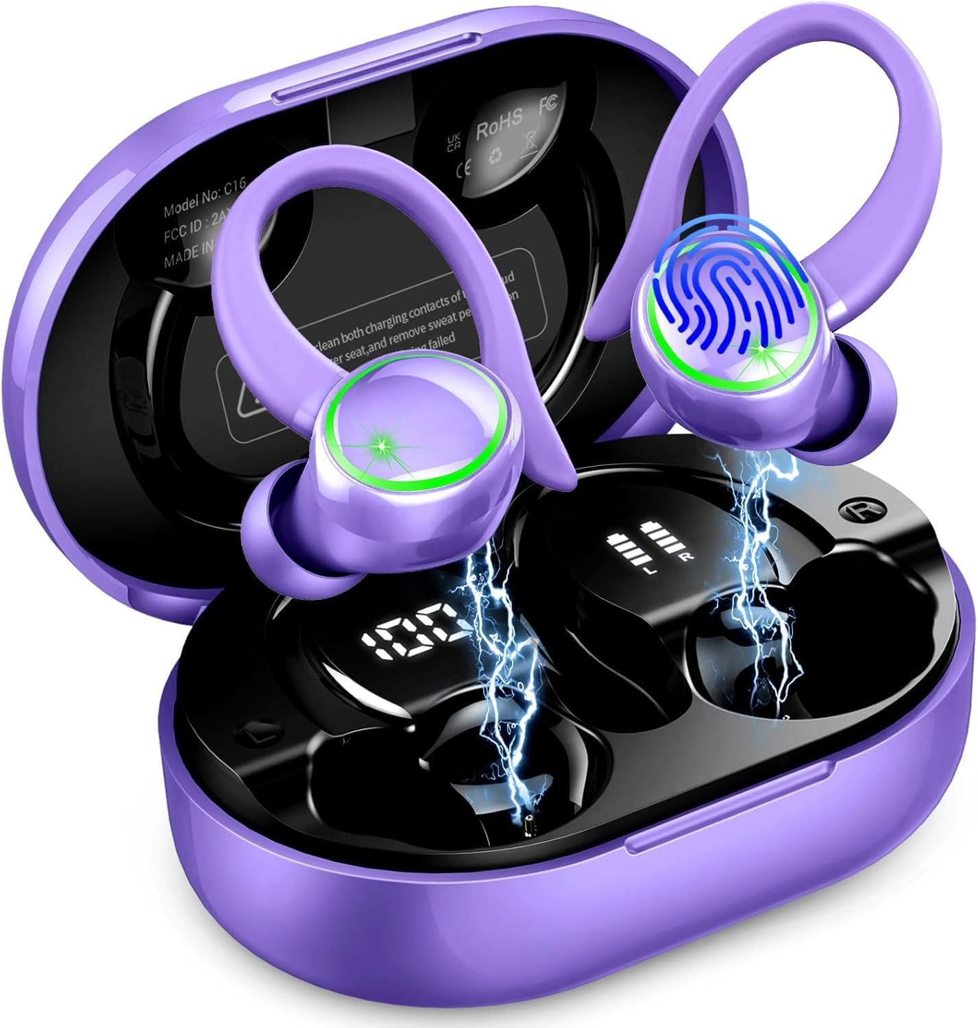 Wireless Earbuds, Bluetooth 5.4 Headphones Sports, 50H Playback Over-Ear buds with ENC Noise Cancelling Mic, Hifi Stereo Fitness Earphones with Earhooks, IP7 Waterproof Headset for Running Gym Workout - Image 1 of 7