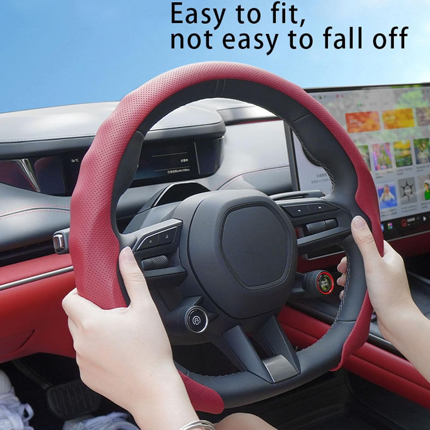 Nappa Leather Steering Wheel Cover, Non-Slip, Breathable, Easy to Install, Suitable for Universal 15 in (Red)