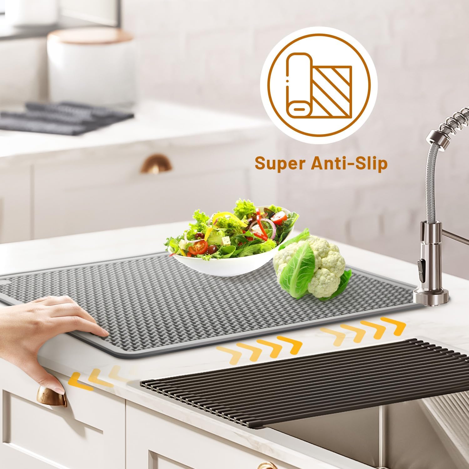 Large 20"x15" Dish Drying Mat for kitchen Counter | Super Absorbent, Food-Grade Silicone, Double-Layer Design, Non-Slip & Easy to Clean | Drainer Pad for Sink, Coffee Machine & Drying Rack | Grey