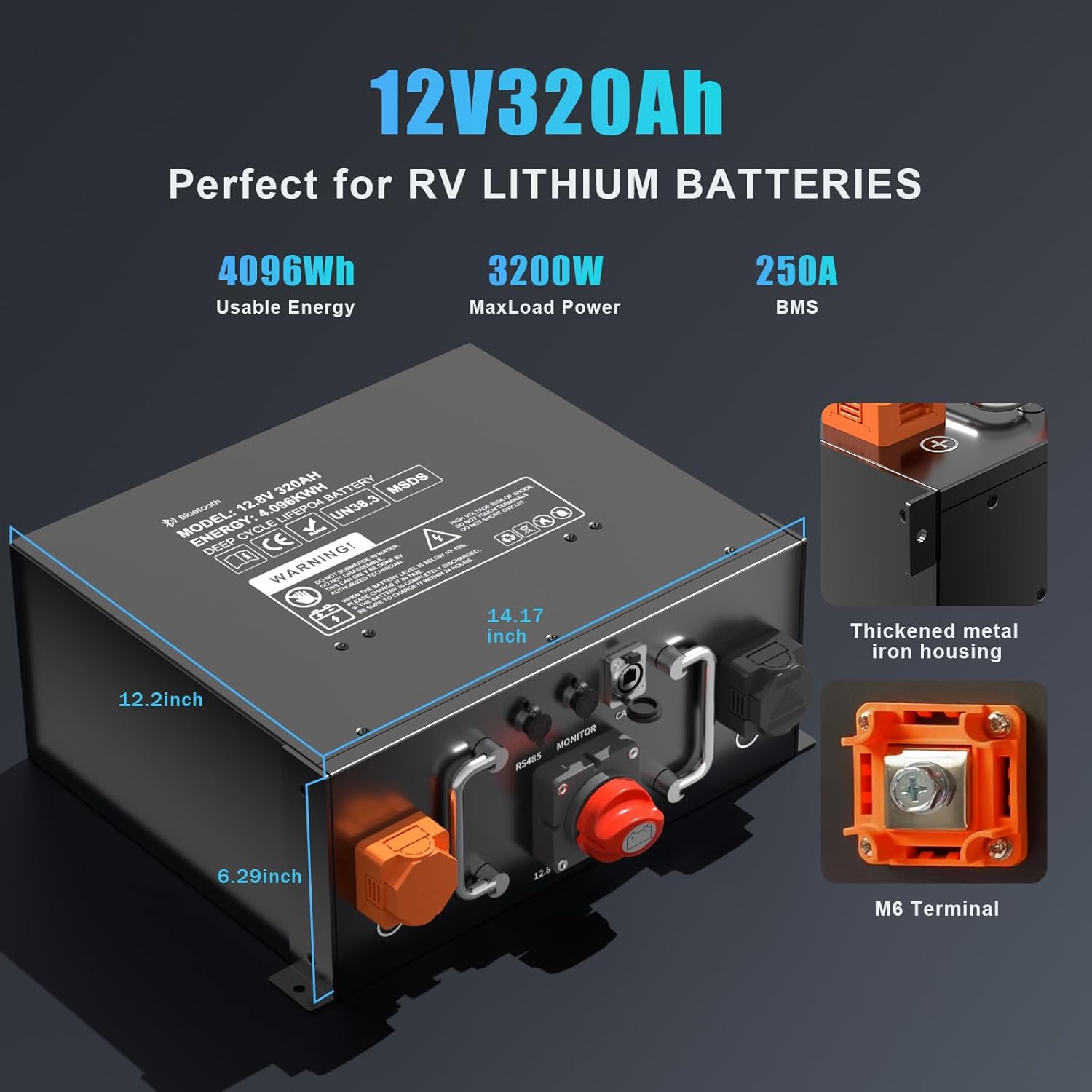 Image detailing the dimensions of the Mjbsan 12V 320Ah LiFePO4 battery, showing its length, width, and height, along with a close-up of the M6 terminal.