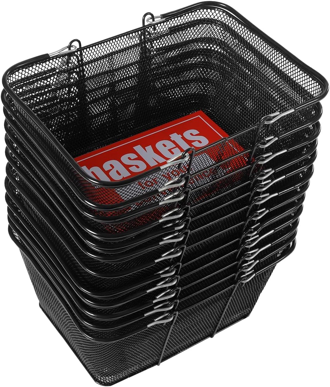 12pcs Portable Black Metal Shopping Baskets with Handles, Durable Wire Mesh Grocery Carts for Supermarkets & Retail Stores, Lightweight & Space-Saving